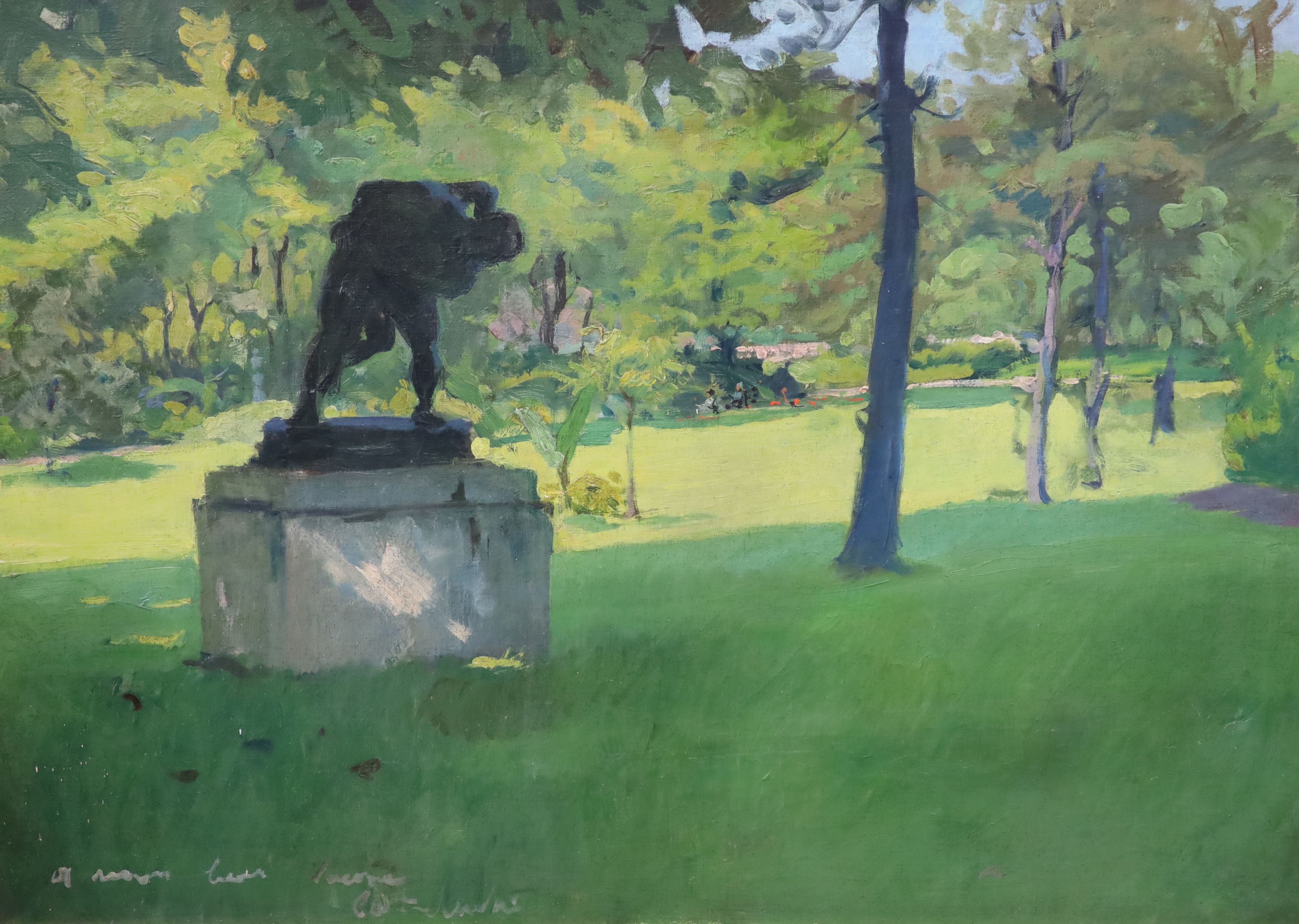 French School circa 1900, Rodin statue in a park, Oil on canvas, 55 x 79cm.